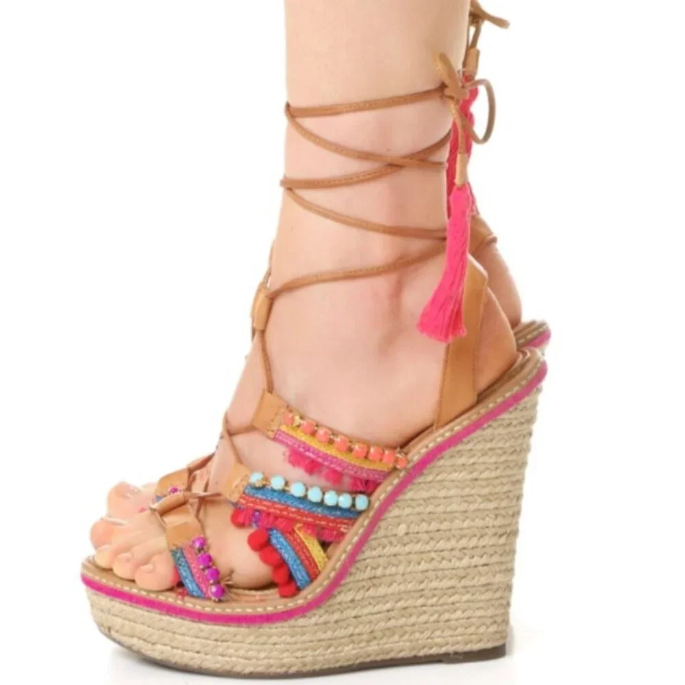 NEW Schutz Mella Espadrille Wedge Heel Sandal Pom Pom Jeweled 8.5